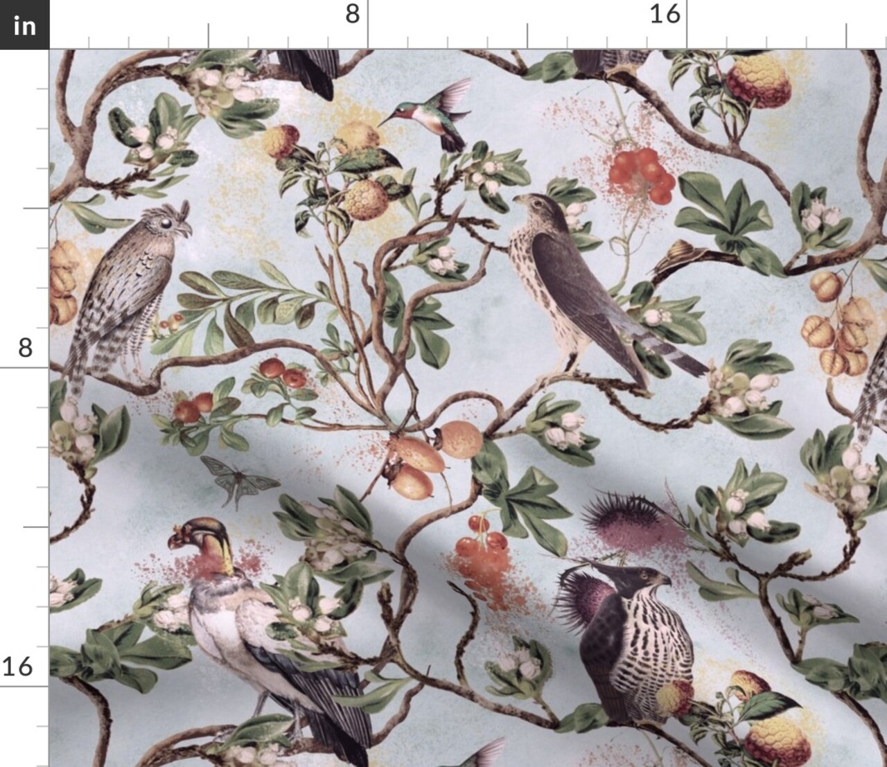 Vintage Birds Watercolor Chinoiserie Antiqued Of Prey Blue Green Gray Botanical Custom Printed Fabric by Spoonflower Various Fabrics by the Yard or Fat Quarter